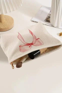 Best Dear-Lover Bowknot Pattern Print Corduroy Zipper Large Cosmetic Bag Light Pink