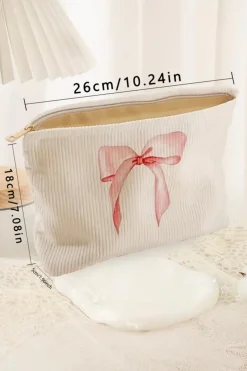 Best Dear-Lover Bowknot Pattern Print Corduroy Zipper Large Cosmetic Bag Light Pink