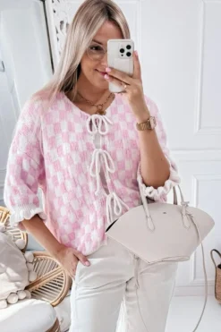 Online Dear-Lover Checkered Knitted Lace-up Ruffled 3/4 Sleeve Cardigan Light Pink