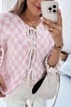Online Dear-Lover Checkered Knitted Lace-up Ruffled 3/4 Sleeve Cardigan Light Pink