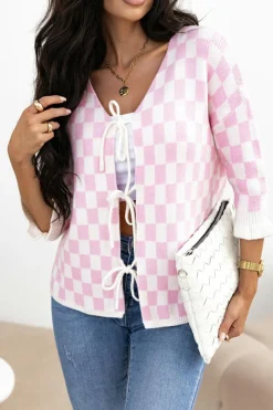 Online Dear-Lover Checkered Knitted Lace-up Ruffled 3/4 Sleeve Cardigan Light Pink