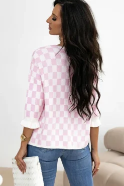 Online Dear-Lover Checkered Knitted Lace-up Ruffled 3/4 Sleeve Cardigan Light Pink