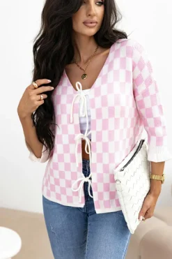 Online Dear-Lover Checkered Knitted Lace-up Ruffled 3/4 Sleeve Cardigan Light Pink