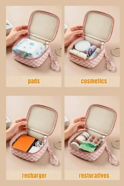 Fashion Dear-Lover Checkered Pattern Small Cosmetic Bag Light Pink