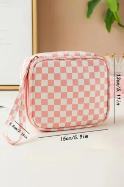 Fashion Dear-Lover Checkered Pattern Small Cosmetic Bag Light Pink