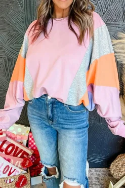 New Dear-Lover Color Block Batwing Sleeve Loose Fit Sweatshirt Light Pink