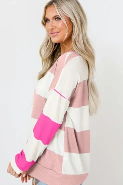 Online Dear-Lover Colorblock Striped Drop Shoulder Long Sleeve Top Light Pink