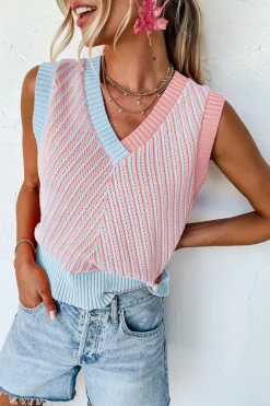 Online Dear-Lover Contrast Chevron Knit V Neck Sweater Vest Light Pink