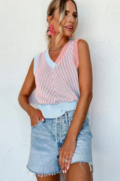 Online Dear-Lover Contrast Chevron Knit V Neck Sweater Vest Light Pink