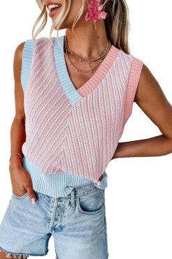 Online Dear-Lover Contrast Chevron Knit V Neck Sweater Vest Light Pink