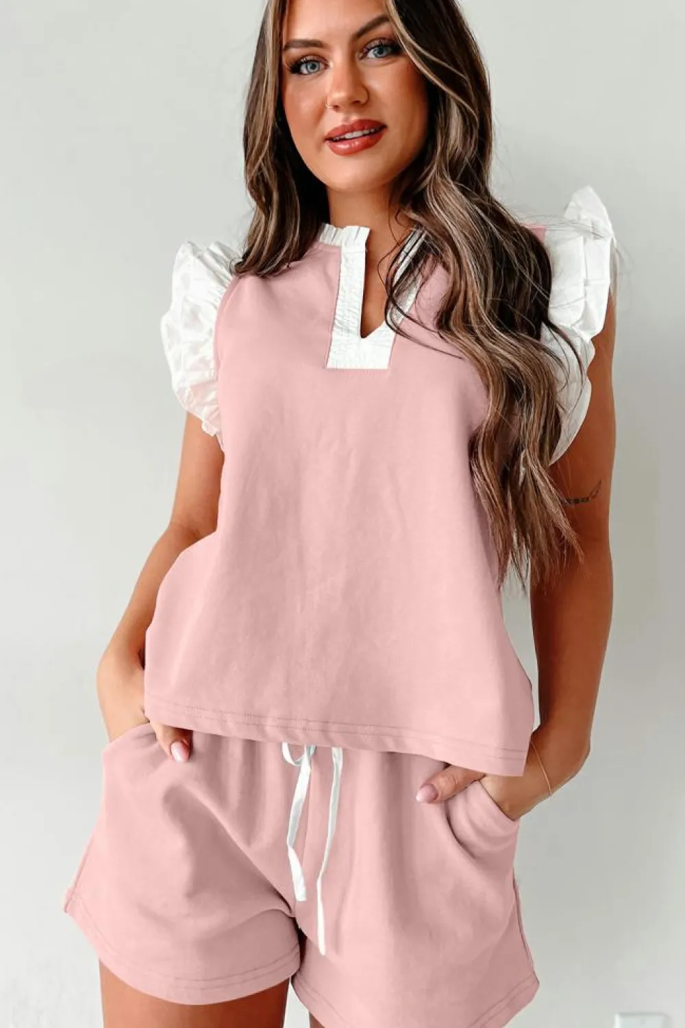 Online Dear-Lover Contrast Trim Ruffled Top and Drawstring Shorts Set Light Pink