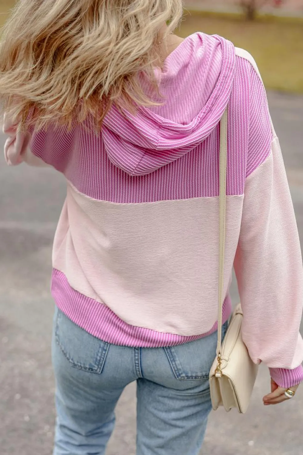 Fashion Dear-Lover Corded Colorblock Patch Pocket Drawstring Hooded Top Light Pink