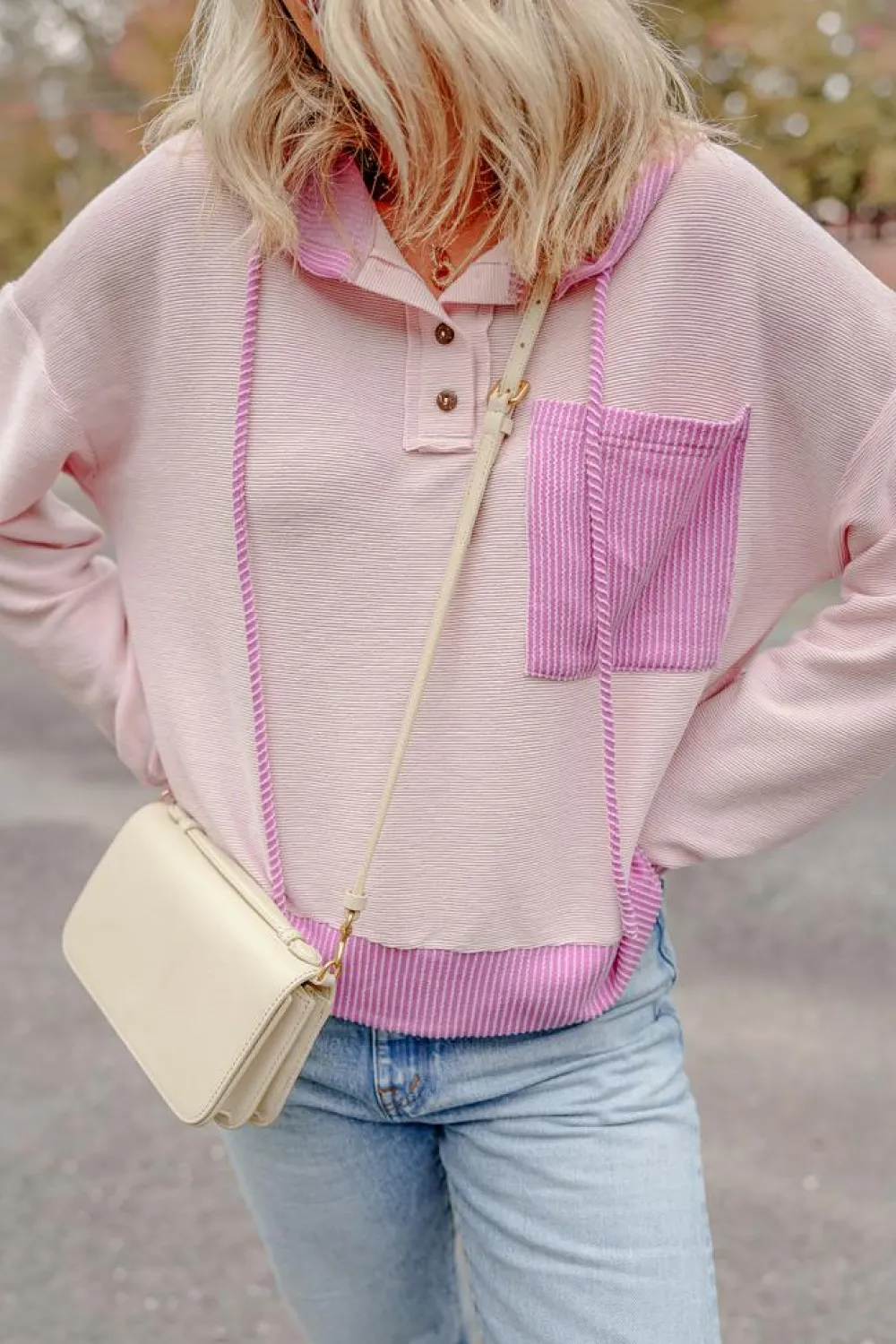 Fashion Dear-Lover Corded Colorblock Patch Pocket Drawstring Hooded Top Light Pink