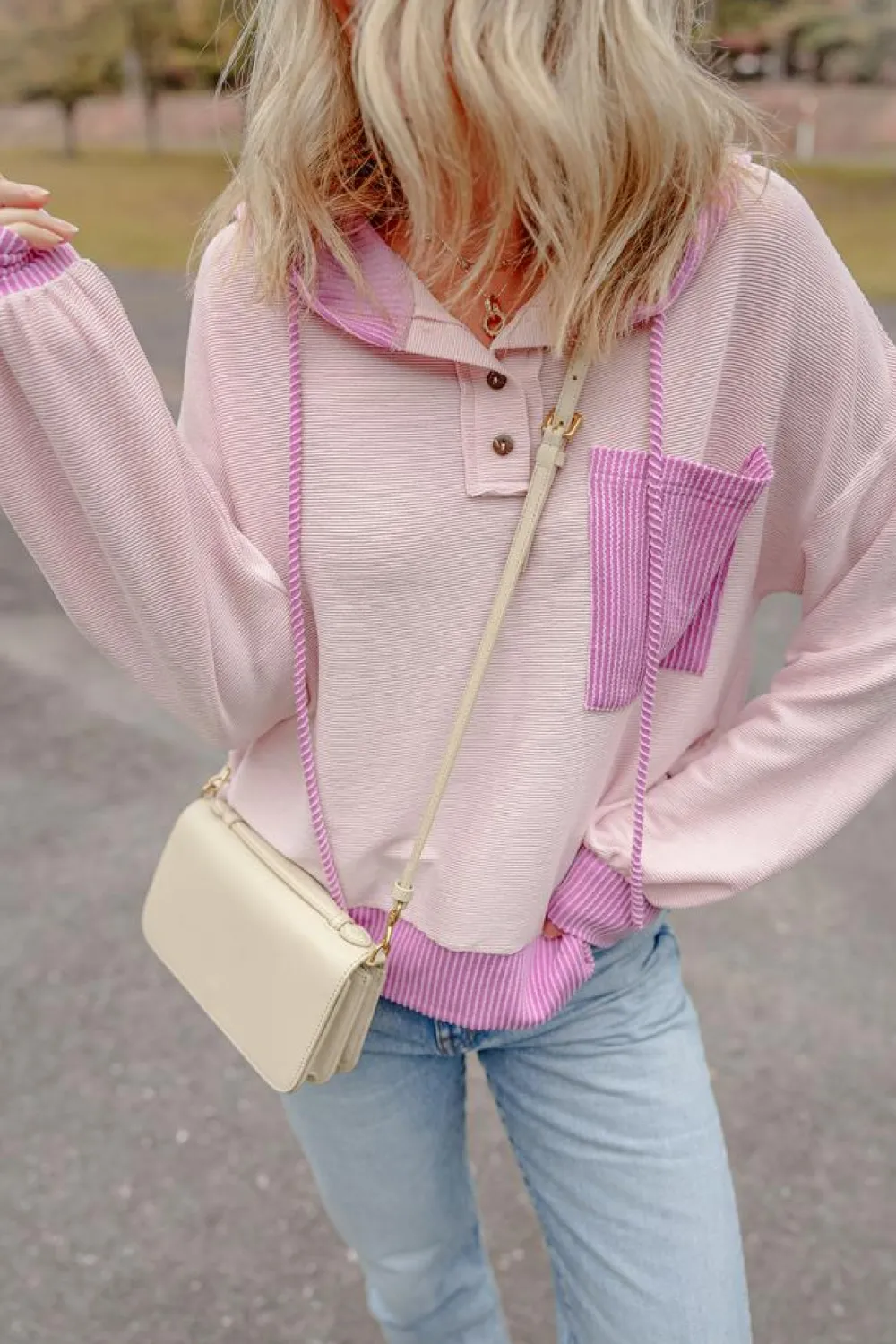 Fashion Dear-Lover Corded Colorblock Patch Pocket Drawstring Hooded Top Light Pink