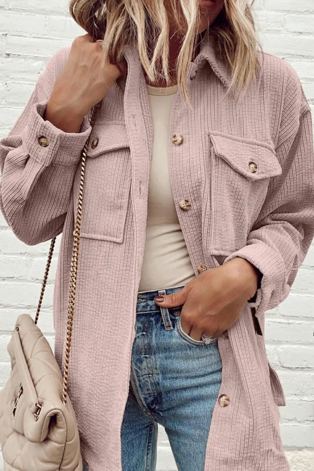 Best Dear-Lover Corduroy Flap Pocket Button Up Shacket Light Pink