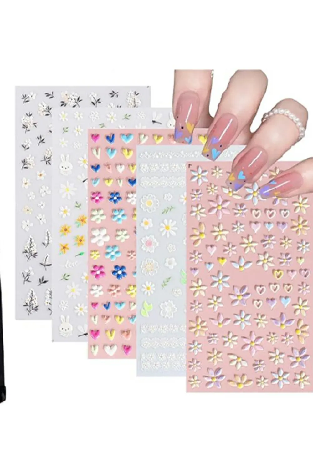 Online Dear-Lover Embossed Flower Heart Shape Self-Adhesive Nail Stickers Light Pink