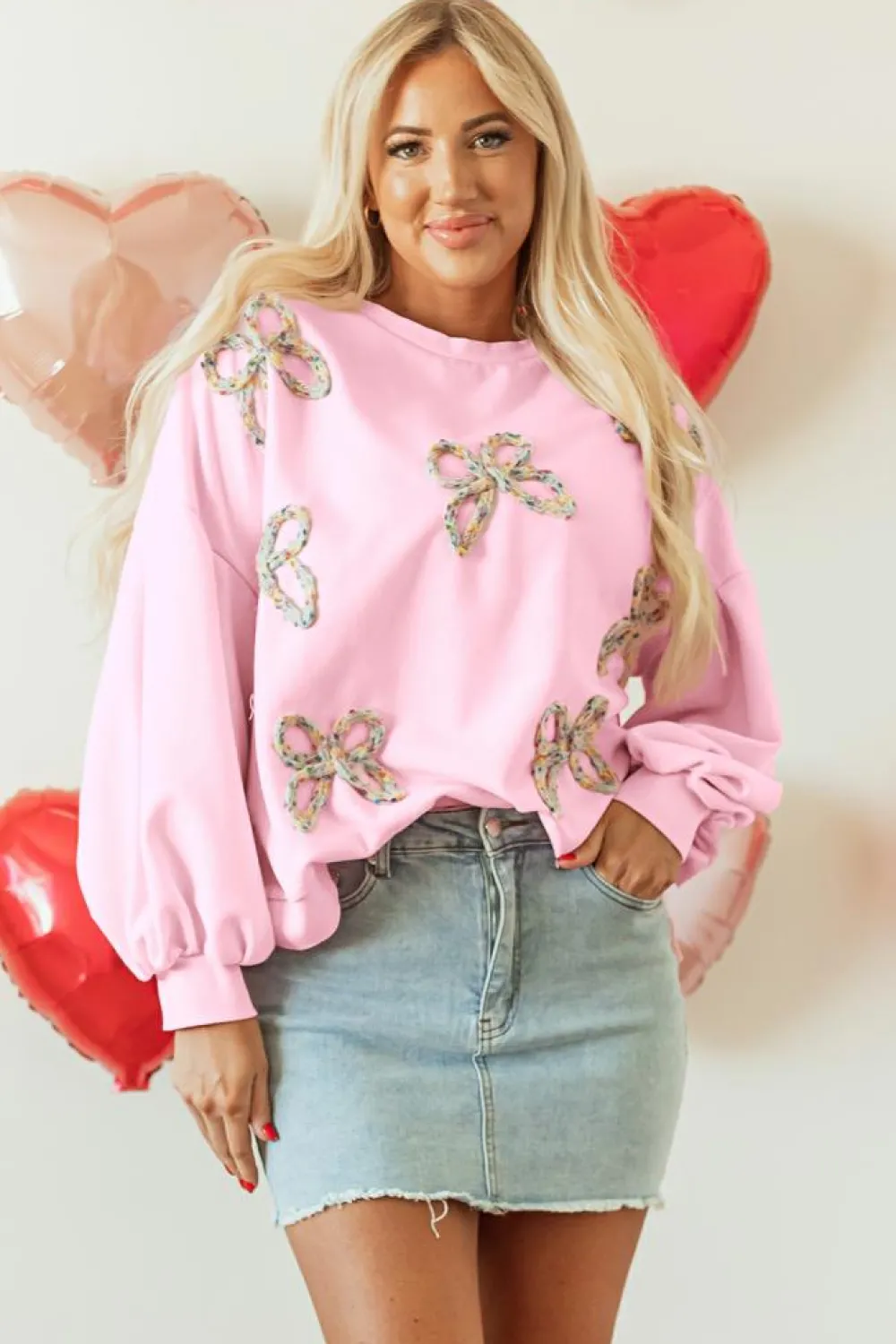 Outlet Dear-Lover Embroidered Bow Lantern Sleeve Oversized Pullover Sweatshirt Light Pink