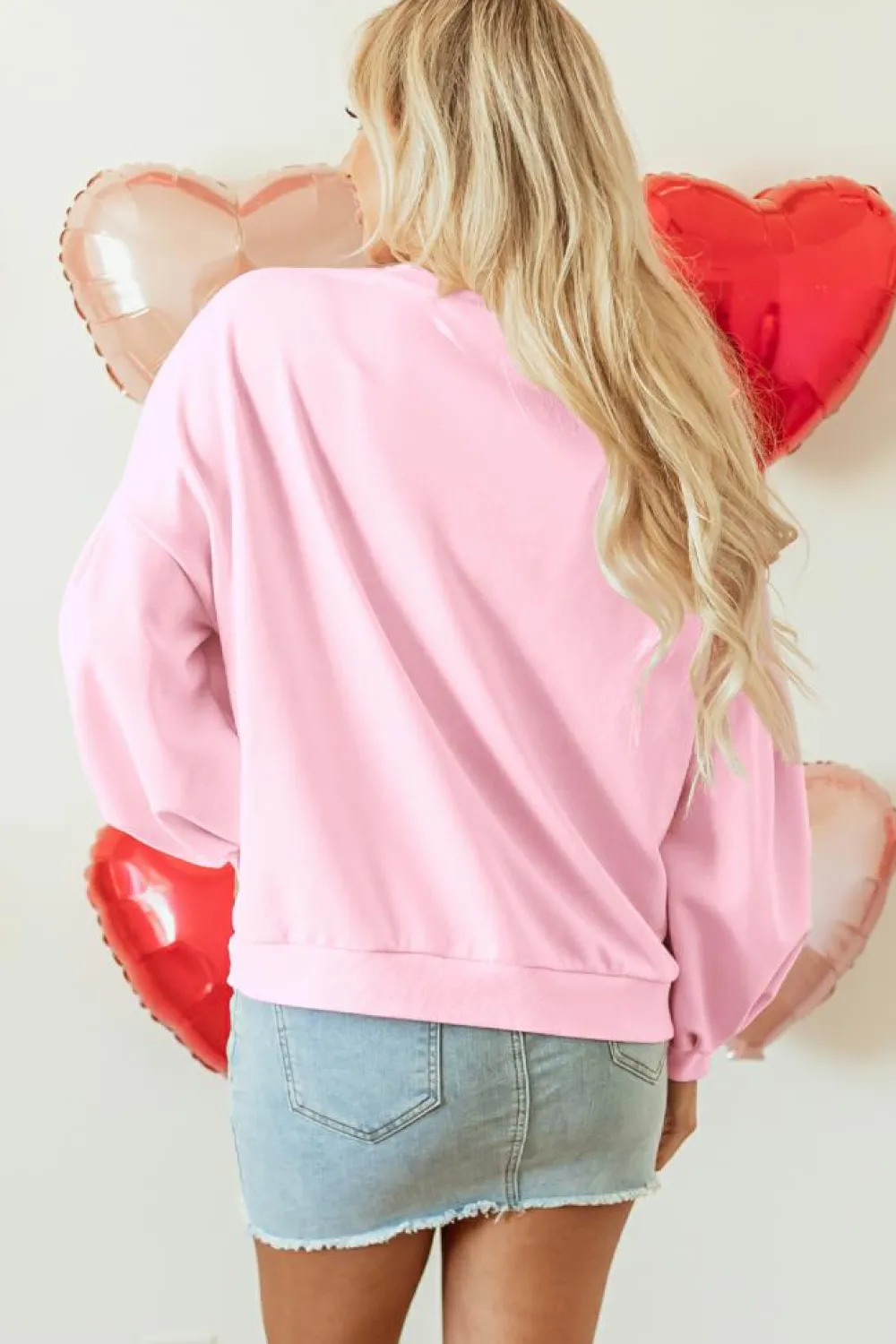 Outlet Dear-Lover Embroidered Bow Lantern Sleeve Oversized Pullover Sweatshirt Light Pink