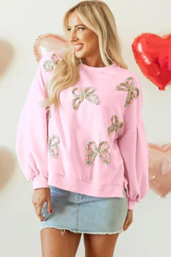 Outlet Dear-Lover Embroidered Bow Lantern Sleeve Oversized Pullover Sweatshirt Light Pink