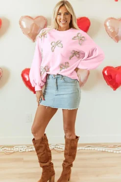 Outlet Dear-Lover Embroidered Bow Lantern Sleeve Oversized Pullover Sweatshirt Light Pink