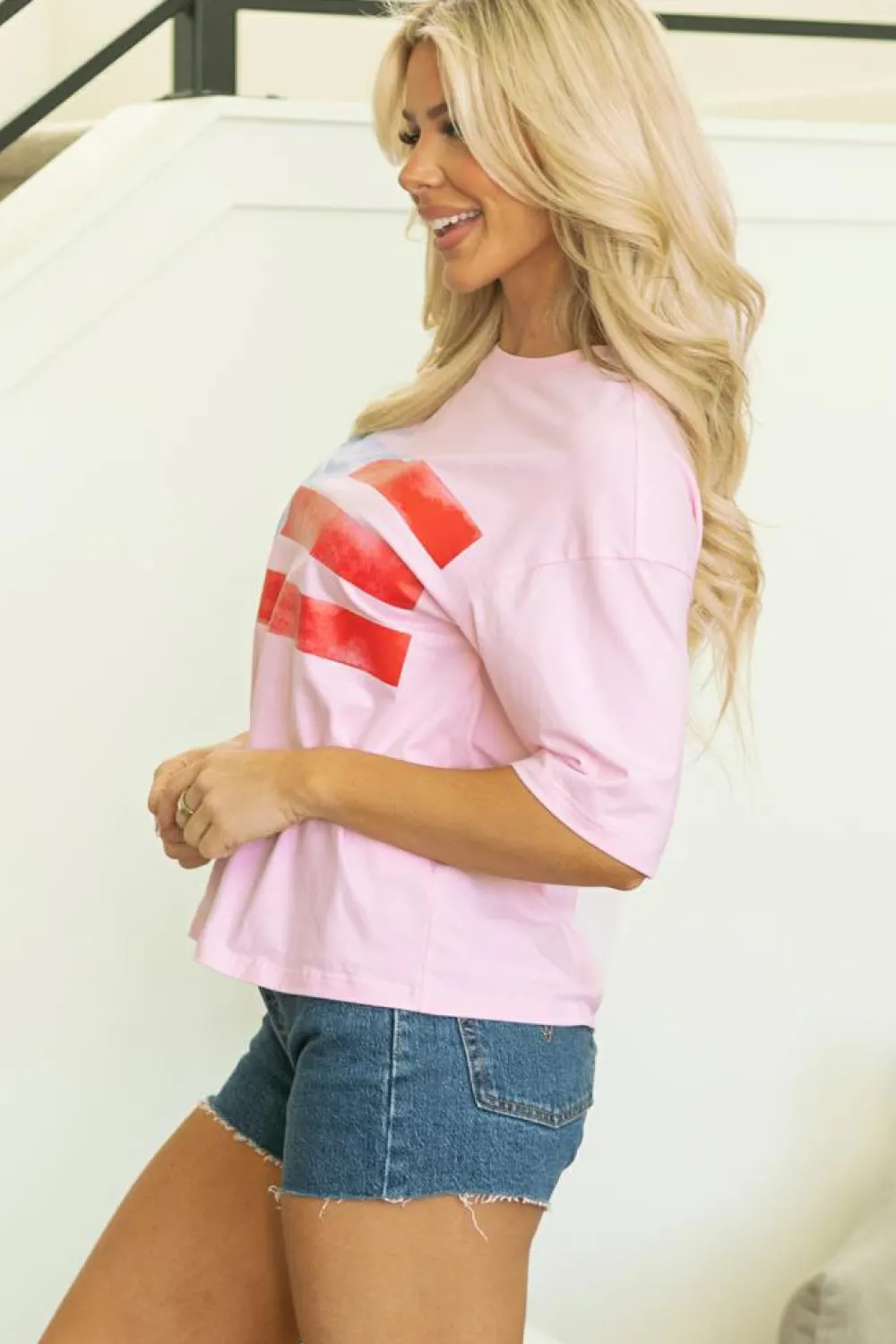 Best Dear-Lover Flag Bow Graphic Crewneck Tee Light Pink