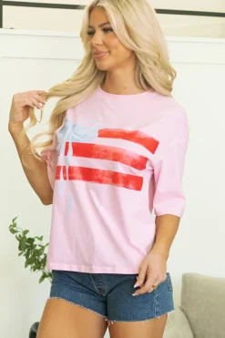Best Dear-Lover Flag Bow Graphic Crewneck Tee Light Pink