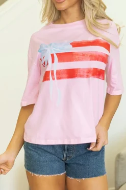 Best Dear-Lover Flag Bow Graphic Crewneck Tee Light Pink
