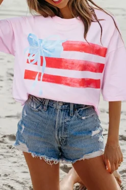 Best Dear-Lover Flag Bow Graphic Crewneck Tee Light Pink