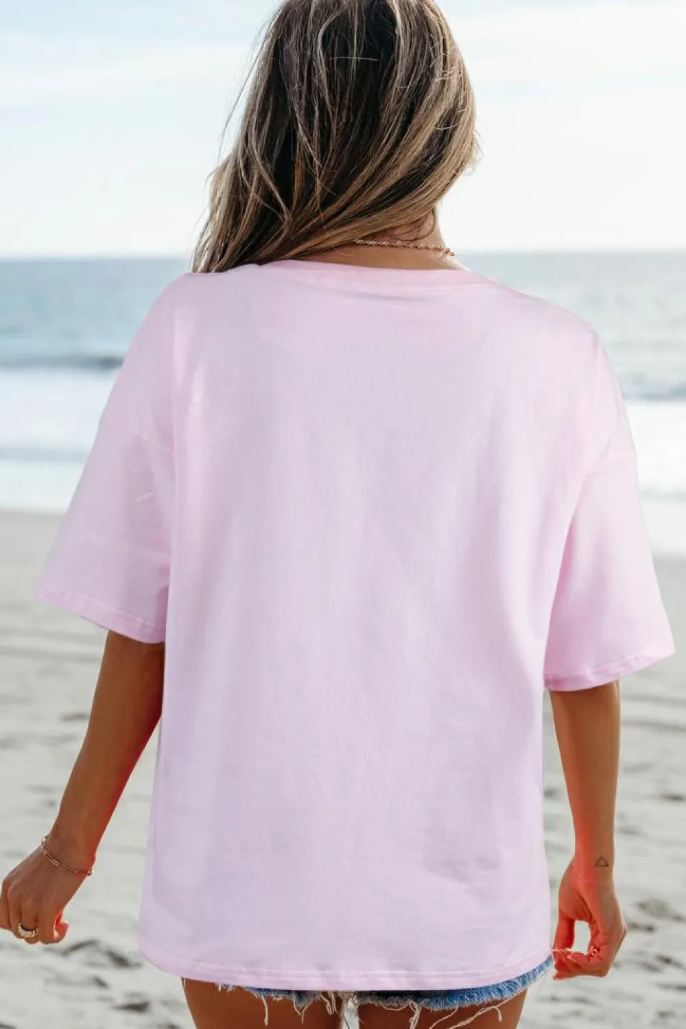 Best Dear-Lover Flag Bow Graphic Crewneck Tee Light Pink