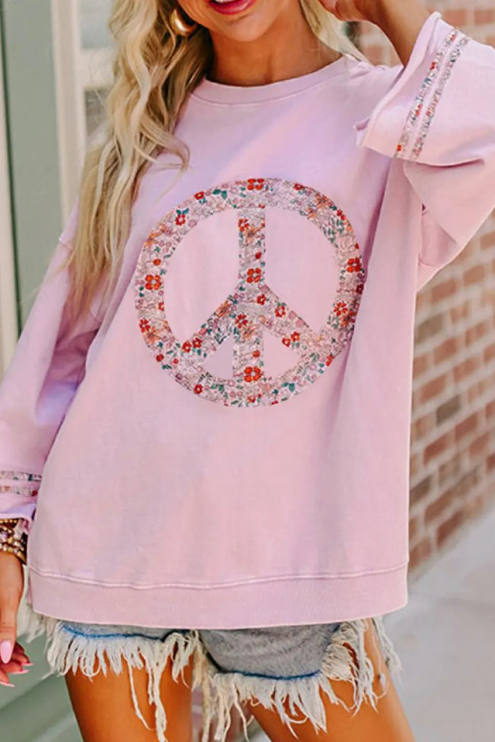 Online Dear-Lover Floral Peace Sign Graphic Drop Shoulder Wide Sleeve Casual Top Light Pink