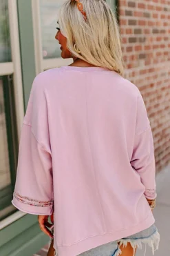Online Dear-Lover Floral Peace Sign Graphic Drop Shoulder Wide Sleeve Casual Top Light Pink