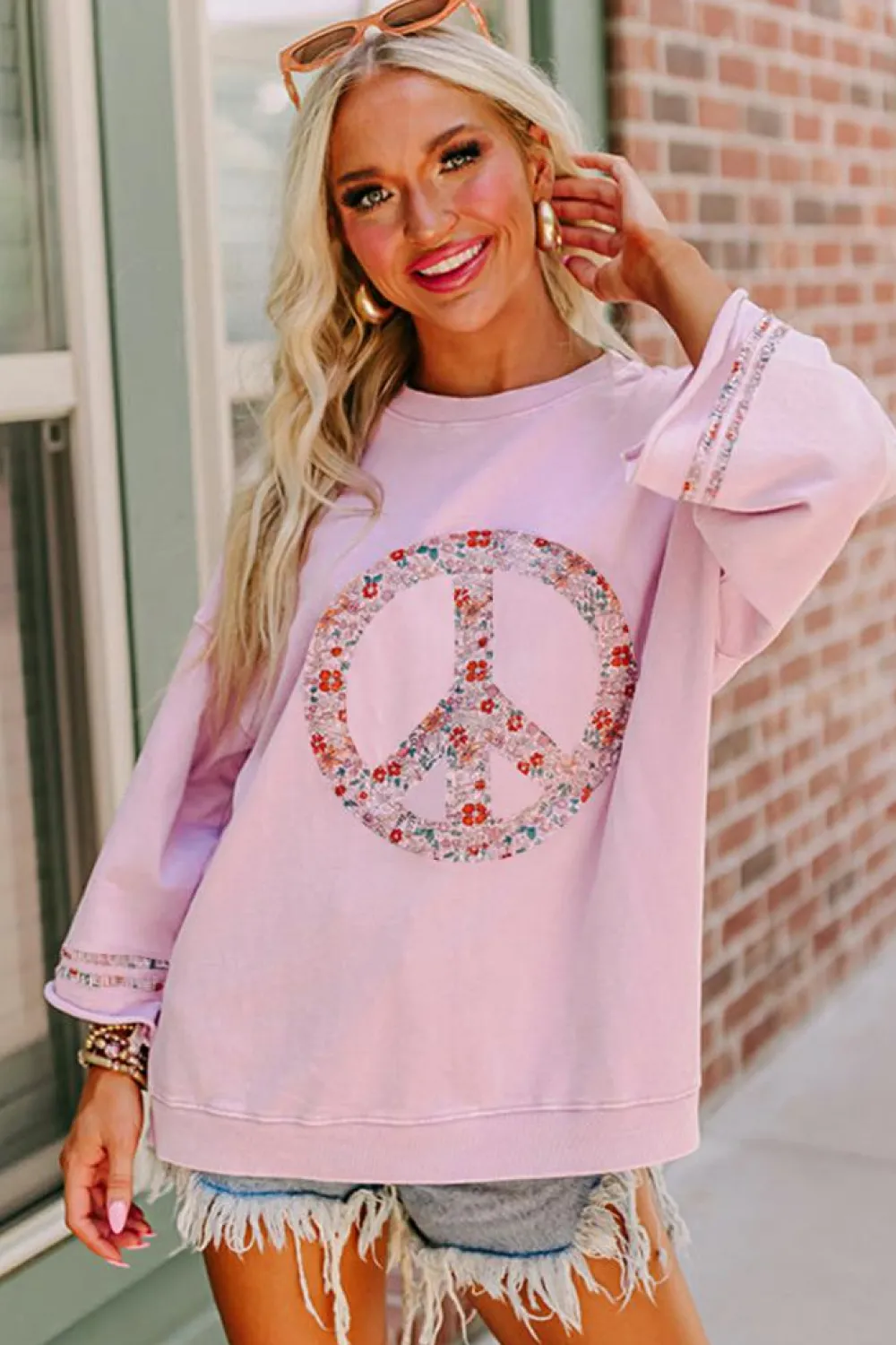 Online Dear-Lover Floral Peace Sign Graphic Drop Shoulder Wide Sleeve Casual Top Light Pink