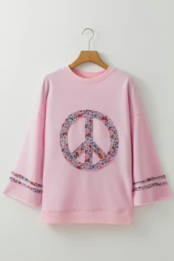 Online Dear-Lover Floral Peace Sign Graphic Drop Shoulder Wide Sleeve Casual Top Light Pink