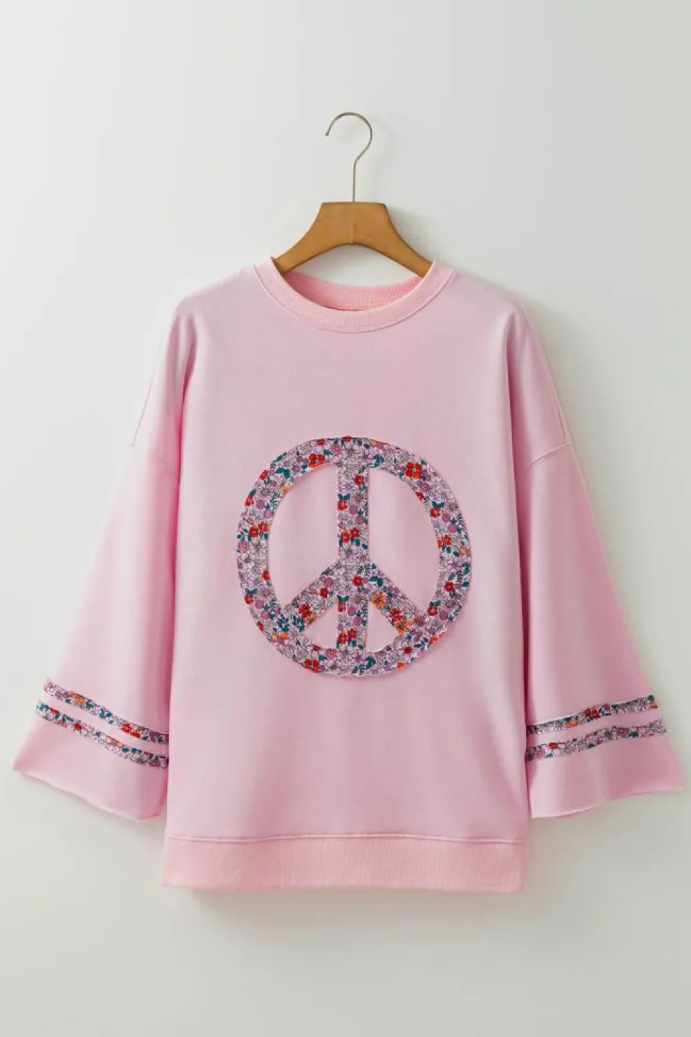 Online Dear-Lover Floral Peace Sign Graphic Drop Shoulder Wide Sleeve Casual Top Light Pink