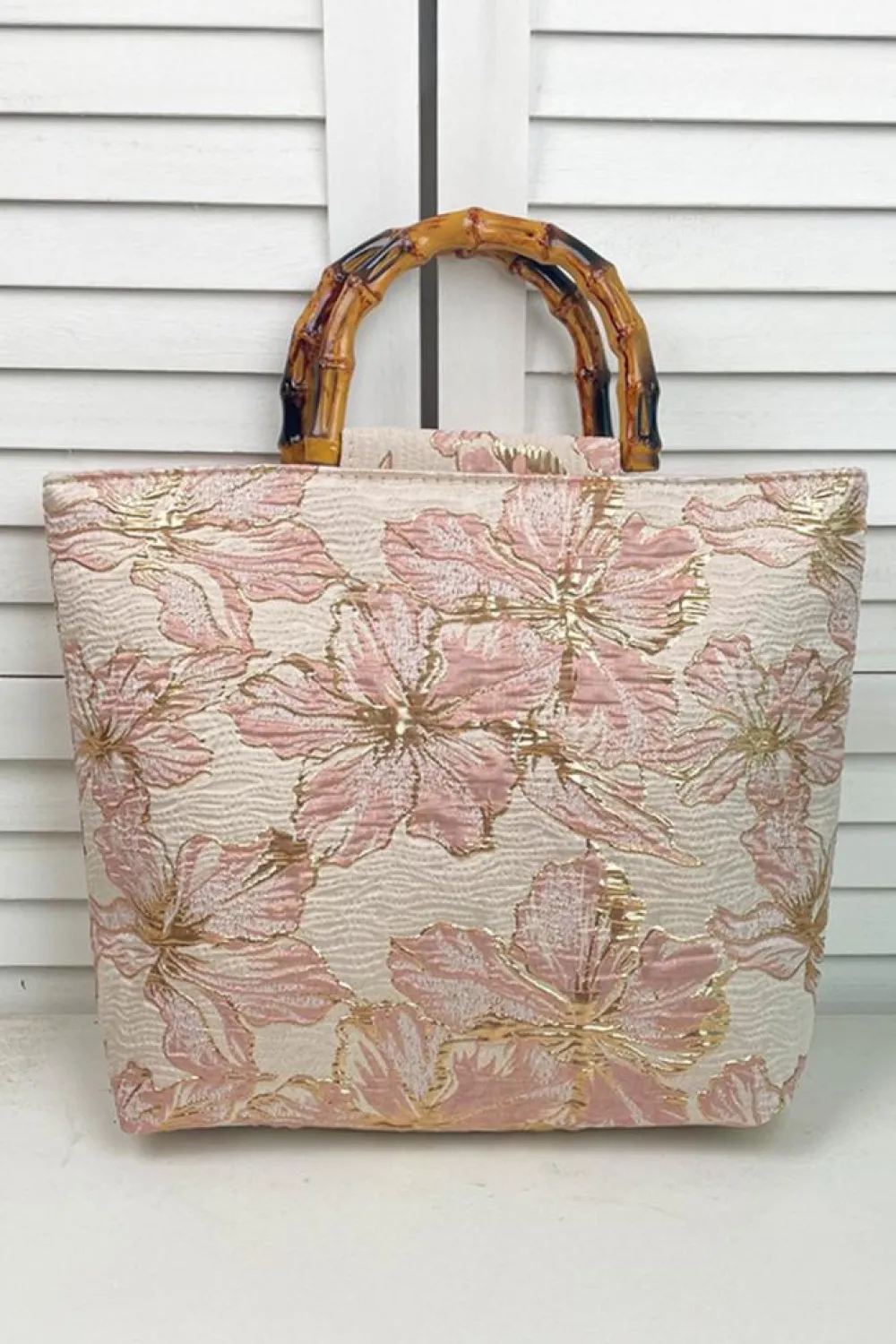 Online Dear-Lover Flower Canvas Tote Bag with Bamboo Handle Light Pink
