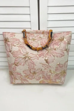 Online Dear-Lover Flower Canvas Tote Bag with Bamboo Handle Light Pink