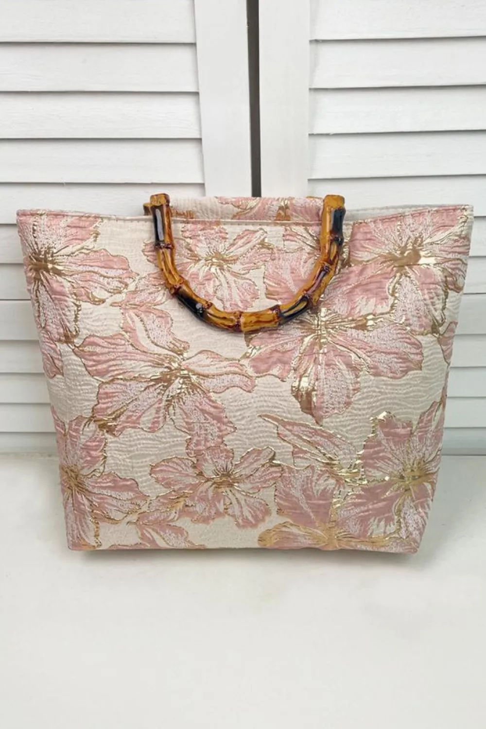 Online Dear-Lover Flower Canvas Tote Bag with Bamboo Handle Light Pink