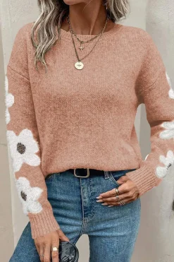 Fashion Dear-Lover Flower Sleeve Drop Shoulder Sweater Light Pink