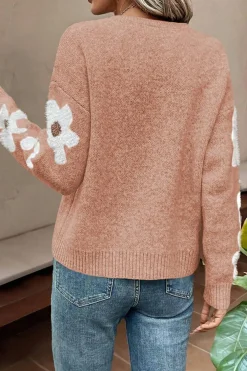 Fashion Dear-Lover Flower Sleeve Drop Shoulder Sweater Light Pink