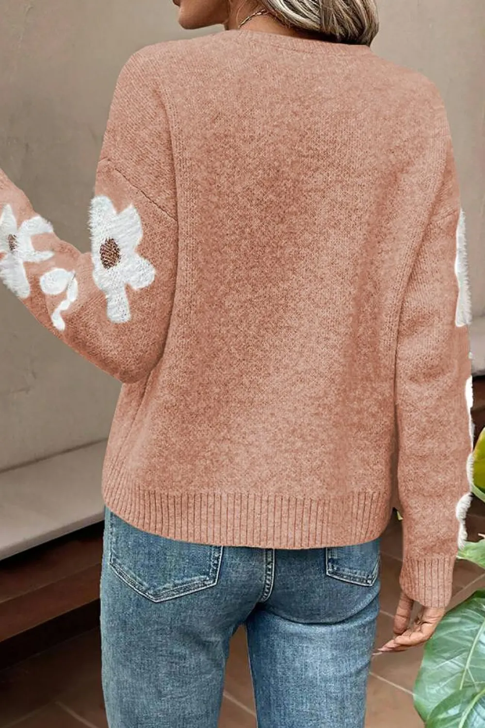 Fashion Dear-Lover Flower Sleeve Drop Shoulder Sweater Light Pink
