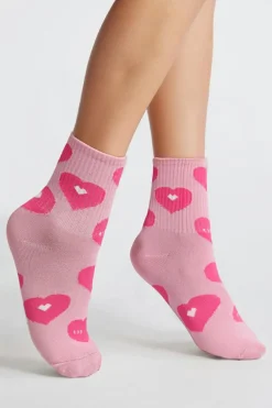 Hot Dear-Lover Heart Print Ribbed Trim Soft Crew Socks Light Pink