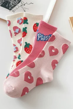 Hot Dear-Lover Heart Print Ribbed Trim Soft Crew Socks Light Pink