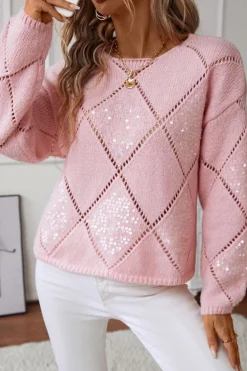 Discount Dear-Lover Hollowed Rhombus Pattern Sequin Detail Round Neck Sweater Light Pink