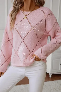 Discount Dear-Lover Hollowed Rhombus Pattern Sequin Detail Round Neck Sweater Light Pink