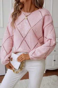 Discount Dear-Lover Hollowed Rhombus Pattern Sequin Detail Round Neck Sweater Light Pink