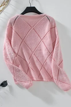 Discount Dear-Lover Hollowed Rhombus Pattern Sequin Detail Round Neck Sweater Light Pink