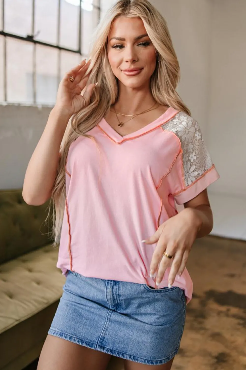 Online Dear-Lover Lace Patchwork Exposed Seam V Neck T Shirt Light Pink