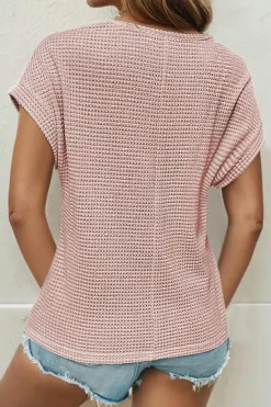 Best Dear-Lover Lace Patchwork Waffle Short Sleeve Top Light Pink