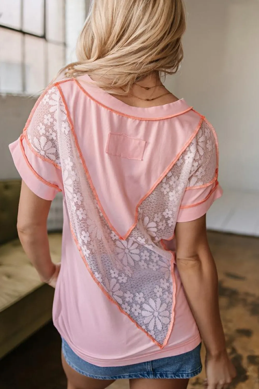 Online Dear-Lover Lace Patchwork Exposed Seam V Neck T Shirt Light Pink