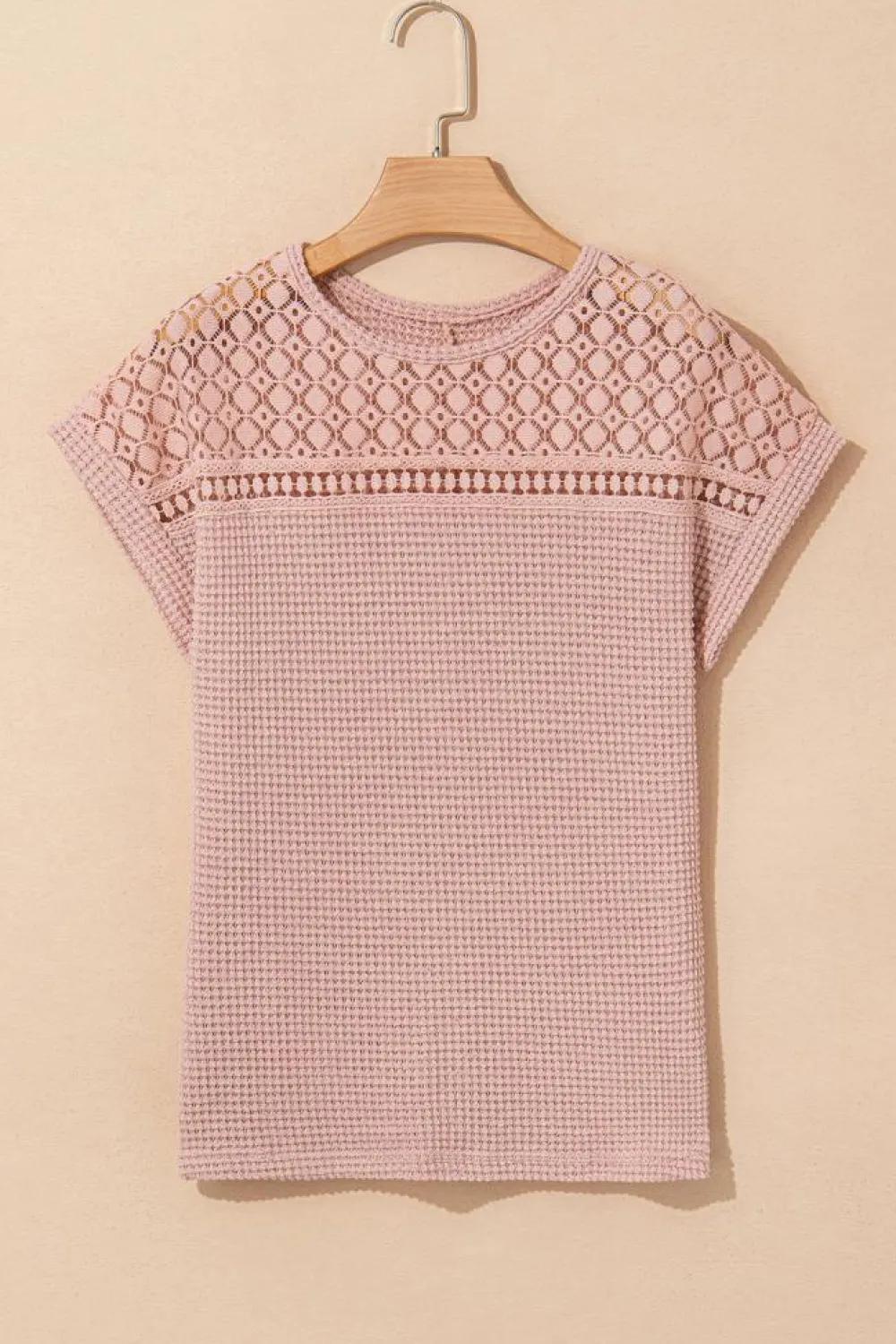 Best Dear-Lover Lace Patchwork Waffle Short Sleeve Top Light Pink